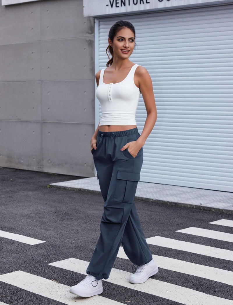 COPYLEAF Cargo Pants Women Elastic Waisted Parachute Hiking Pants with Pockets Water Resistant Lightweight Baggy Pants(Navy Blue XL) - Image 4