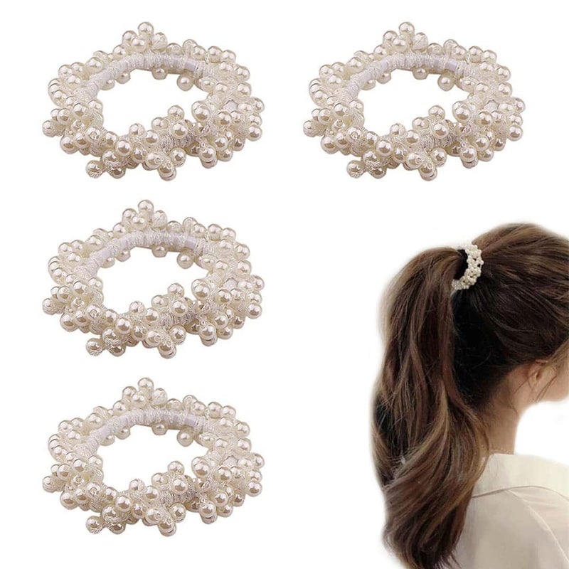 4 PACK Pearl Hair Ties White Weave Hair Scrunchies Stretch Hair Rope Accessories for Women and Girls