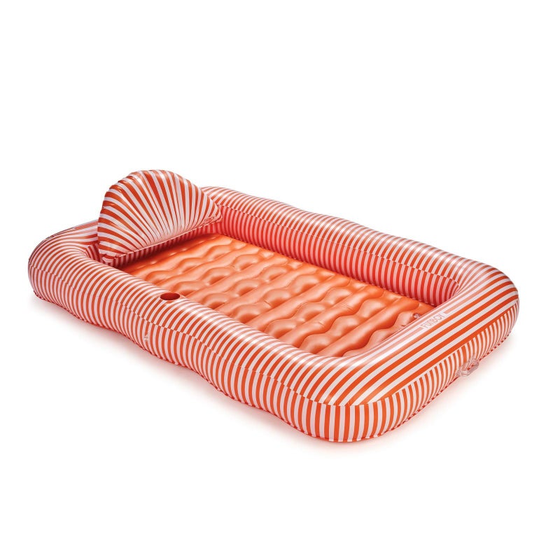 FUNBOY Tanning Pool Lounger Float Orange Stripe, XL 72" x 48" with Pillow and Large Cup Holder - Image 1