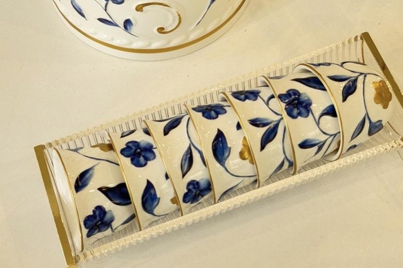 Soleter Porcelain Coffee Cup Set – 4-Piece Hand-Painted Blue & Gold Floral Ceramic Cups with Glossy Finish and Premium Gold-Plated Rim, Dishwasher-Safe Tableware for Home, Gifting & Special Occasions
