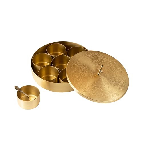 AKSHATA 06 Hand Etched Brass Spice Box Set for Kitchen with Spoon (7 Containers, 150 Ml) - Masala Box - Species Container - Golden - Image 4