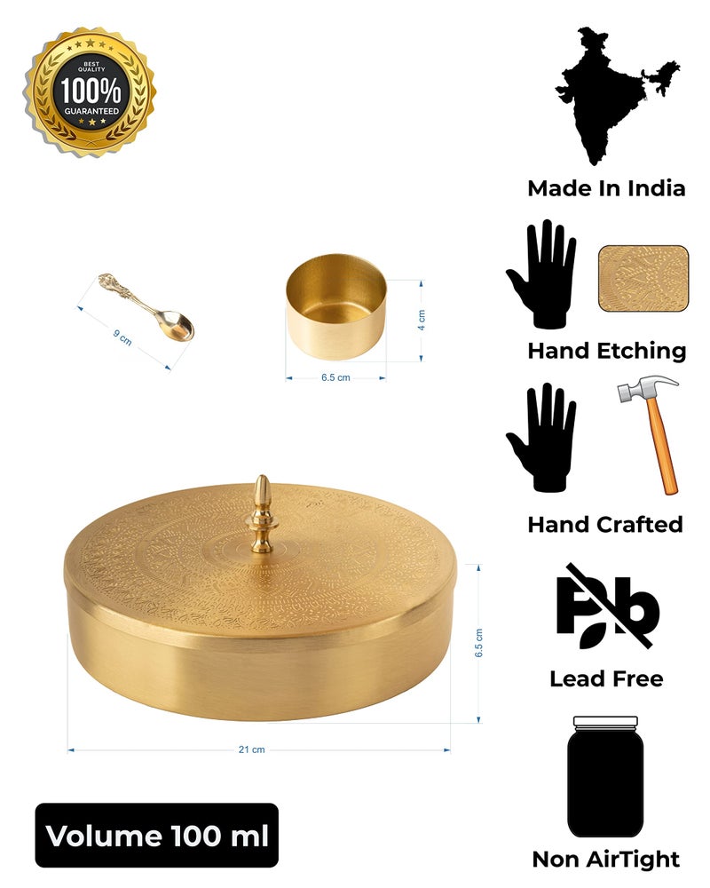 AKSHATA 06 Hand Etched Brass Spice Box Set for Kitchen with Spoon (7 Containers, 150 Ml) - Masala Box - Species Container - Golden - Image 5