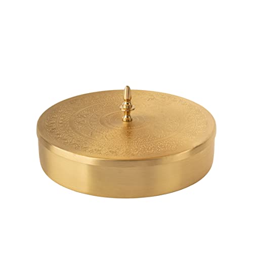 AKSHATA 06 Hand Etched Brass Spice Box Set for Kitchen with Spoon (7 Containers, 150 Ml) - Masala Box - Species Container - Golden - Image 1