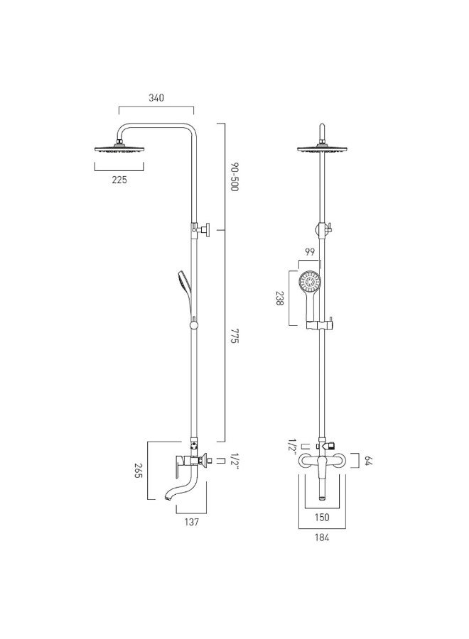 milano Vado Wall Mounted Manual Bath Shower Column With Bath Spout + Integrated Diverter, Chrome, Metal/Brass with Brass, Bathroom Shower Fixture For Daily Bathing - Image 3