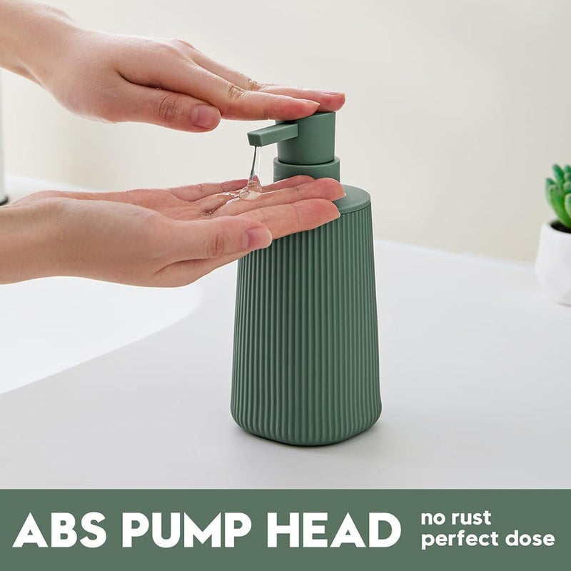 YAUKPH Small Soap Dispenser for Bathroom and Kitchen, Modern Farmhouse Striped Style Plastic Hand Soap Dish Soap Dispenser with Pump Matte Green - Image 3