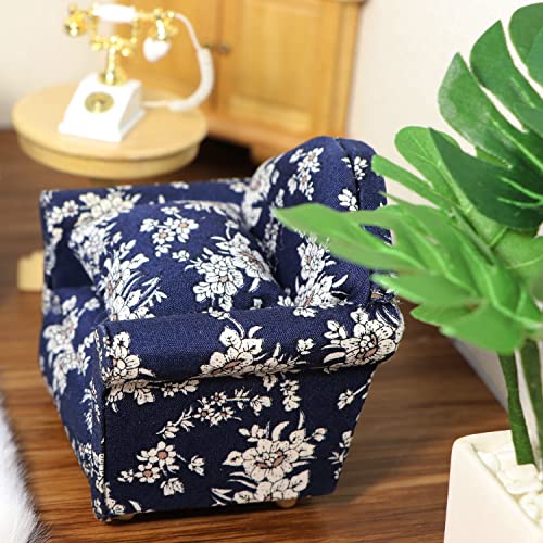 Cutemini Dollhouse Couch with Pillow 1 12 Scale Miniature Sofa Arm Chair Living Room Furniture Wooden Fabric Frame Single Reading Chair Artificial House Room Scene Decoration Blue - Image 5