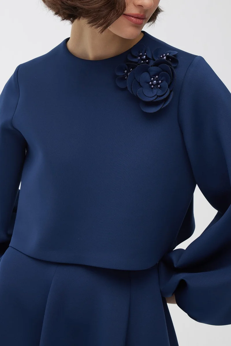 Manuka Balloon Sleeve Brooch Blouse Midnight Blue