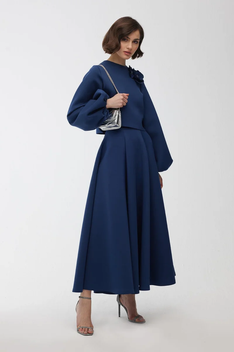 Manuka Balloon Sleeve Brooch Blouse Midnight Blue