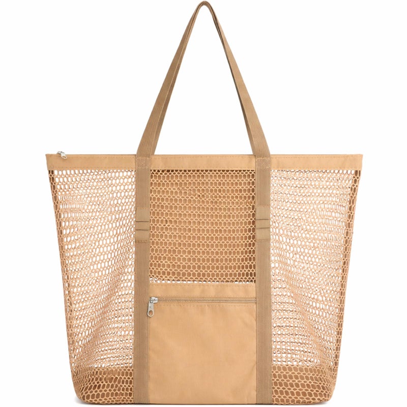 Dntorx Women's Mesh Beach Bag, Durable, Stylish Beach Tote for Swimming, Travel & Vacation Essentials, Lightweight Design for Poolside, Shopping, or Daily Use â€“ Spacious & Easy to Clean(khaki) - Image 1