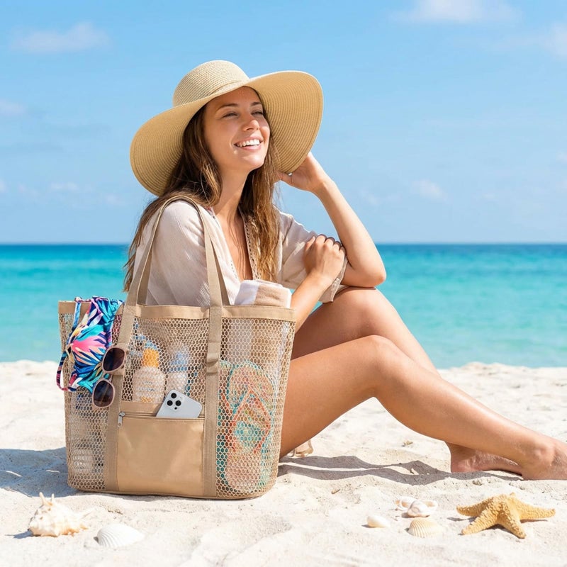 Dntorx Women's Mesh Beach Bag, Durable, Stylish Beach Tote for Swimming, Travel & Vacation Essentials, Lightweight Design for Poolside, Shopping, or Daily Use â€“ Spacious & Easy to Clean(khaki) - Image 2