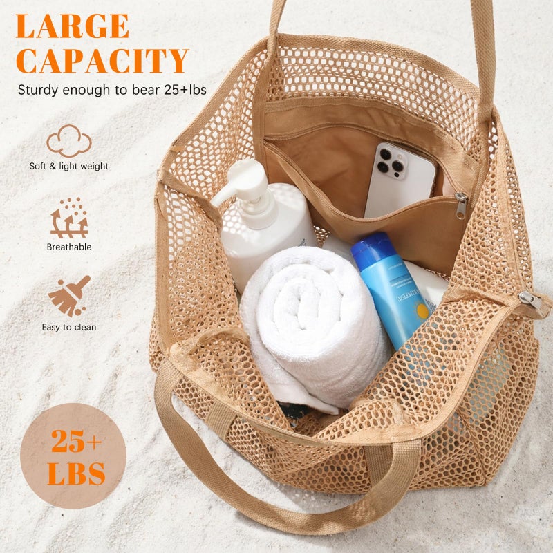Dntorx Women's Mesh Beach Bag, Durable, Stylish Beach Tote for Swimming, Travel & Vacation Essentials, Lightweight Design for Poolside, Shopping, or Daily Use â€“ Spacious & Easy to Clean(khaki) - Image 4