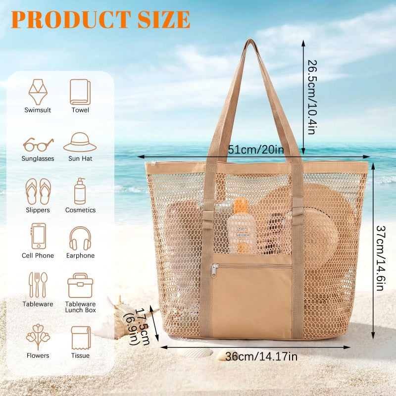 Dntorx Women's Mesh Beach Bag, Durable, Stylish Beach Tote for Swimming, Travel & Vacation Essentials, Lightweight Design for Poolside, Shopping, or Daily Use â€“ Spacious & Easy to Clean(khaki) - Image 3