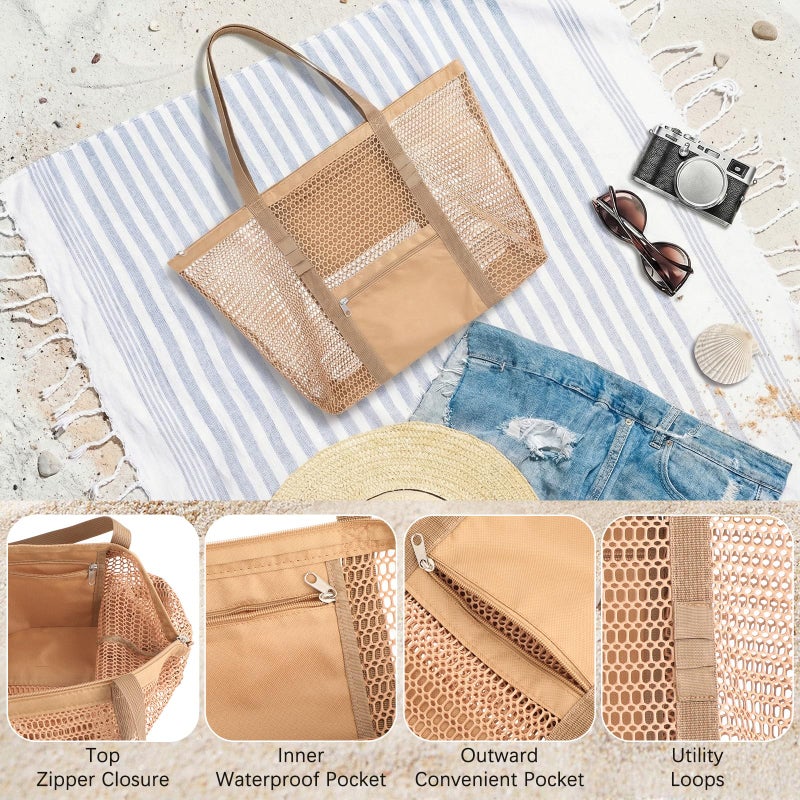 Dntorx Women's Mesh Beach Bag, Durable, Stylish Beach Tote for Swimming, Travel & Vacation Essentials, Lightweight Design for Poolside, Shopping, or Daily Use â€“ Spacious & Easy to Clean(khaki) - Image 5