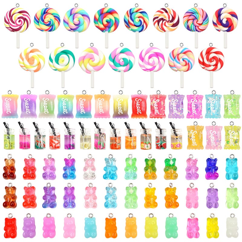 ZOCONE 79 PCS Colorful Candy Pendants  Cute Resin Charms for Jewelry Making with Gummy Bear Lollipop Resin Supplies for DIY Crafts Decoration