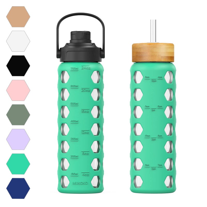 MUKOKO 24oz Glass Water Bottle with 2 LidsHandle Flip LidBamboo Straw LidMotivational Water Tumbler with Time Marker Reminder and Silicone Sleeve LeakproofGreen