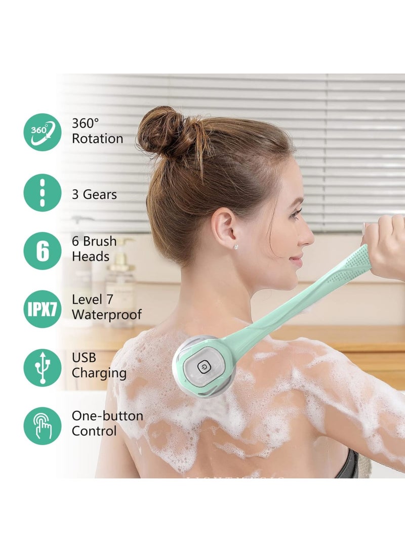 SYOSI Electric Body Brush Set, Back Scrubber Body Exfoliator Shower Brush with Long Handle, 6 Brush Heads Waterproof Bath Brush 3 Speeds Rechargeable USB Charging Skin Brush for Deep Cleaning and Relaxing - Image 3