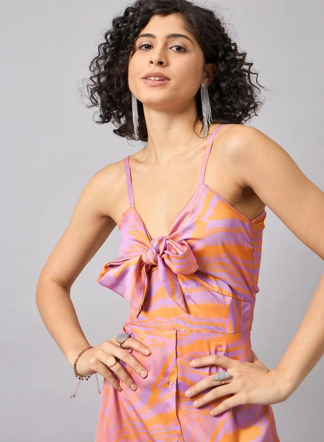 Kuwarii Marble Print Midi Dress with Bow Tie
