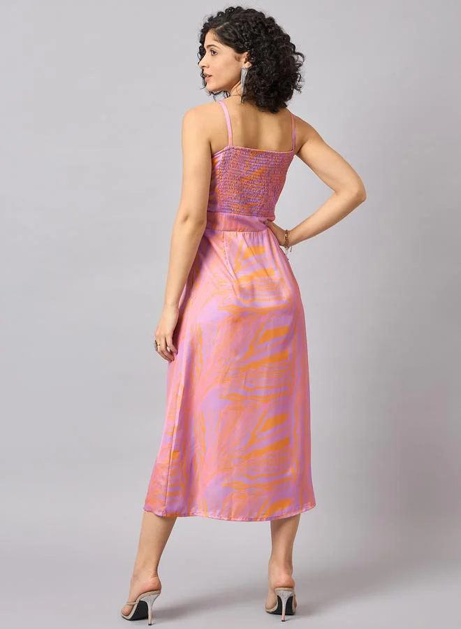 Kuwarii Marble Print Midi Dress with Bow Tie