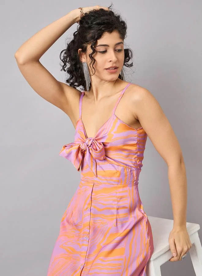 Kuwarii Marble Print Midi Dress with Bow Tie