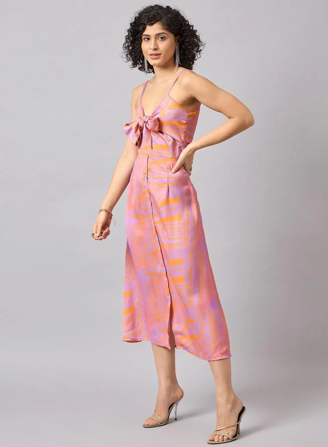 Kuwarii Marble Print Midi Dress with Bow Tie