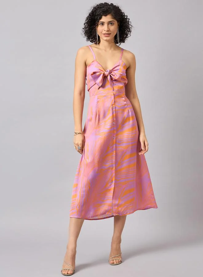 Kuwarii Marble Print Midi Dress with Bow Tie
