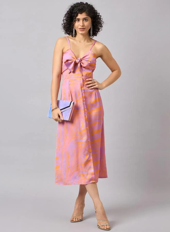 Kuwarii Marble Print Midi Dress with Bow Tie