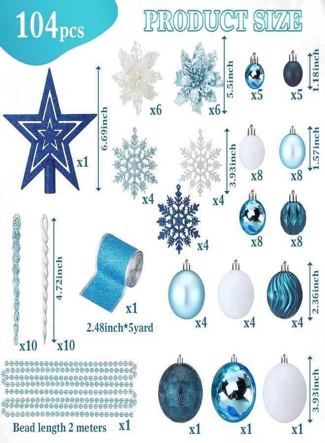 Vercraft 104 Pcs Christmas Tree Decorations Set, Shatterproof Christmas Ball Ornaments Poinsettia Decorations Ribbon Tree Topper for Xmas Holiday Wedding Party(Blue) - Image 2