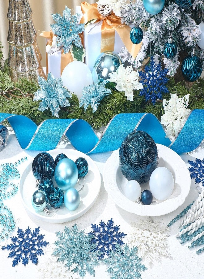Vercraft 104 Pcs Christmas Tree Decorations Set, Shatterproof Christmas Ball Ornaments Poinsettia Decorations Ribbon Tree Topper for Xmas Holiday Wedding Party(Blue) - Image 3