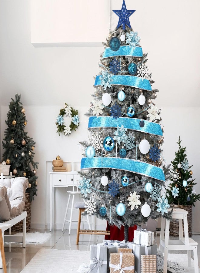 Vercraft 104 Pcs Christmas Tree Decorations Set, Shatterproof Christmas Ball Ornaments Poinsettia Decorations Ribbon Tree Topper for Xmas Holiday Wedding Party(Blue) - Image 4
