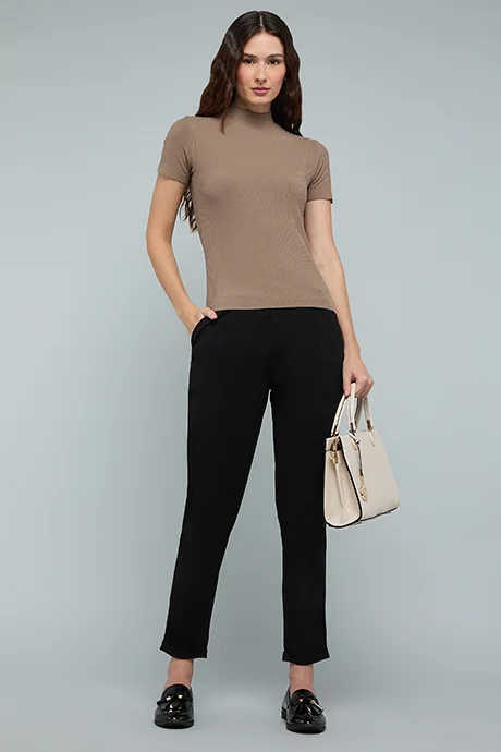 أر أند بي Ribbed Top with High Neck and Short Sleeves