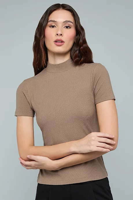 أر أند بي Ribbed Top with High Neck and Short Sleeves