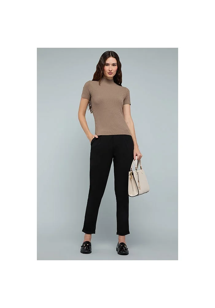 أر أند بي Ribbed Top with High Neck and Short Sleeves
