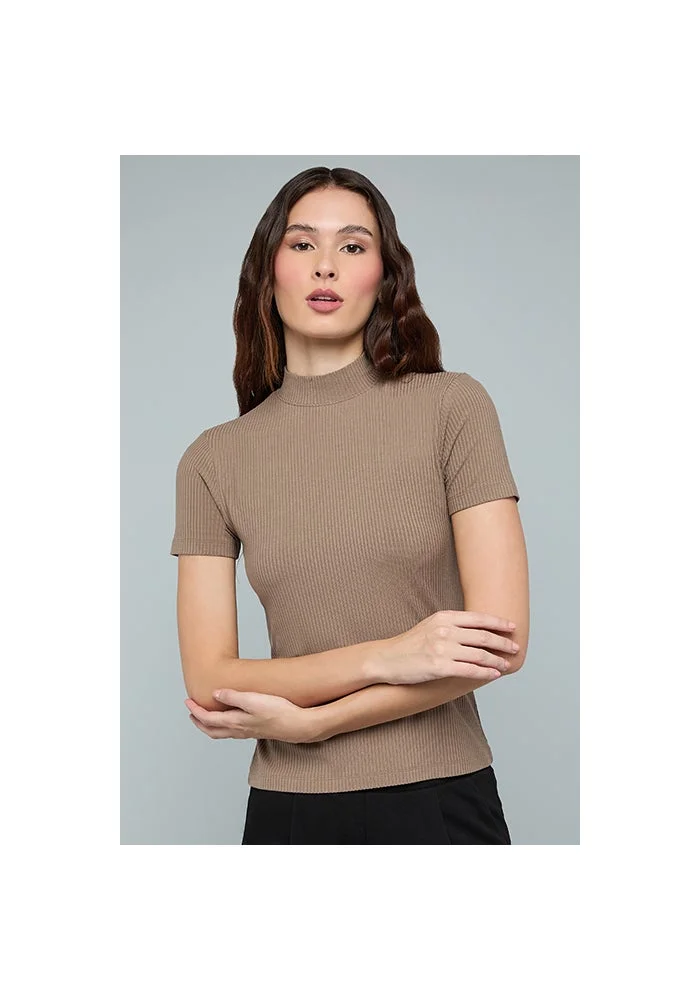 أر أند بي Ribbed Top with High Neck and Short Sleeves