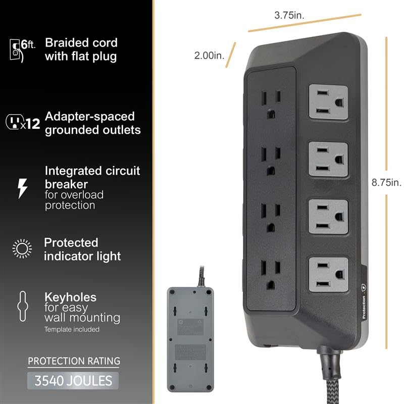 GE UltraPro Adapt 12-Outlet Surge Protector, 6ft Braided Heavy Duty Extension Cord, Flat Plug Power Strip, 3540 Joules, Black, 74542 - Image 3