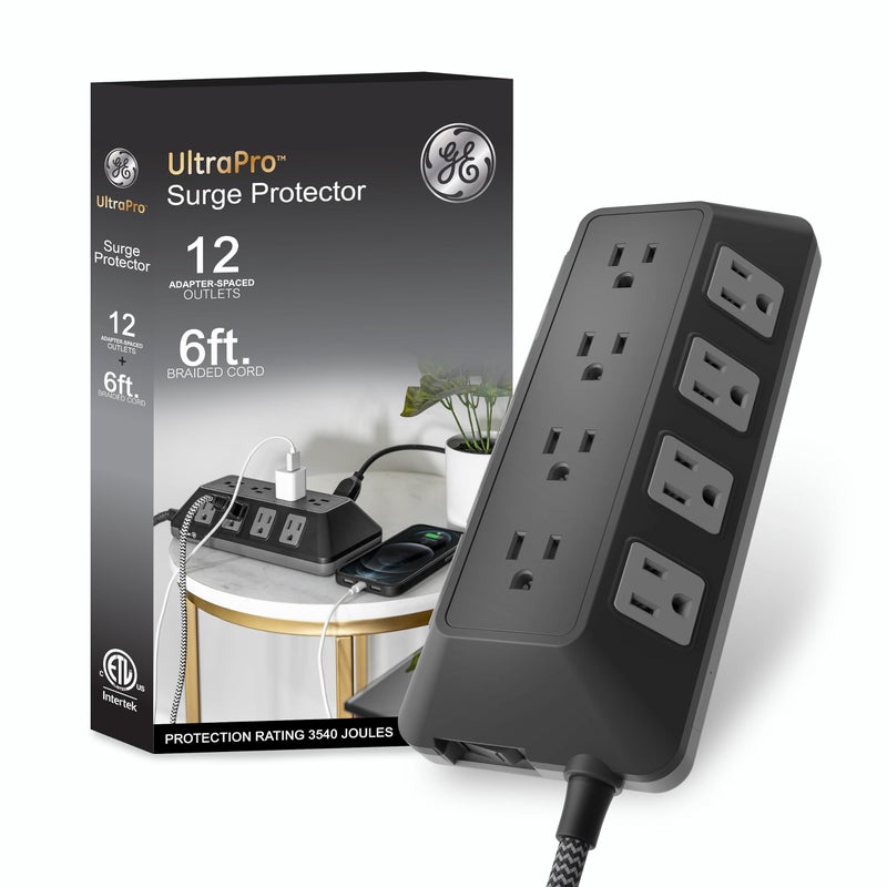 GE UltraPro Adapt 12-Outlet Surge Protector, 6ft Braided Heavy Duty Extension Cord, Flat Plug Power Strip, 3540 Joules, Black, 74542 - Image 2