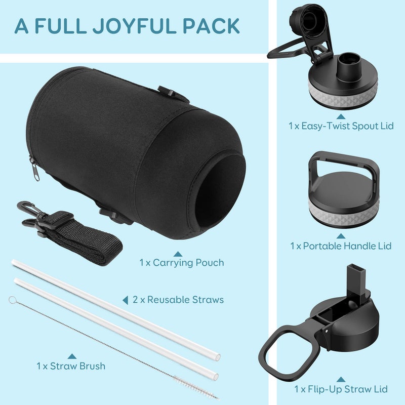 Coolflask زجاجة ماء Coolflask سعة 87 أونصة مع قشة، 2/3 جالون معزولة من الفولاذ المقاوم للصدأ مع 3 أغطية كبيرة، جرة ماء كبيرة للرياضة أو المكتب، خالية من BPA تحافظ على البرودة حتى 48 ساعة أو الحرارة حتى 24 ساعة، ساموراي أزرق - Image 5