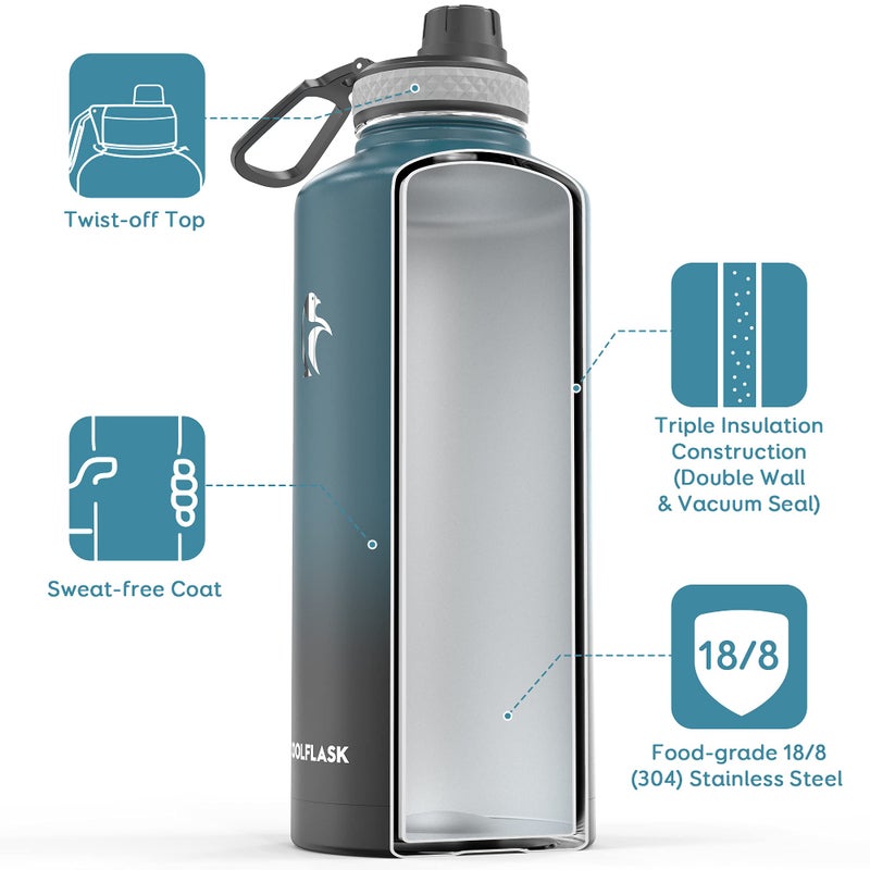 Coolflask زجاجة ماء Coolflask سعة 87 أونصة مع قشة، 2/3 جالون معزولة من الفولاذ المقاوم للصدأ مع 3 أغطية كبيرة، جرة ماء كبيرة للرياضة أو المكتب، خالية من BPA تحافظ على البرودة حتى 48 ساعة أو الحرارة حتى 24 ساعة، ساموراي أزرق - Image 2