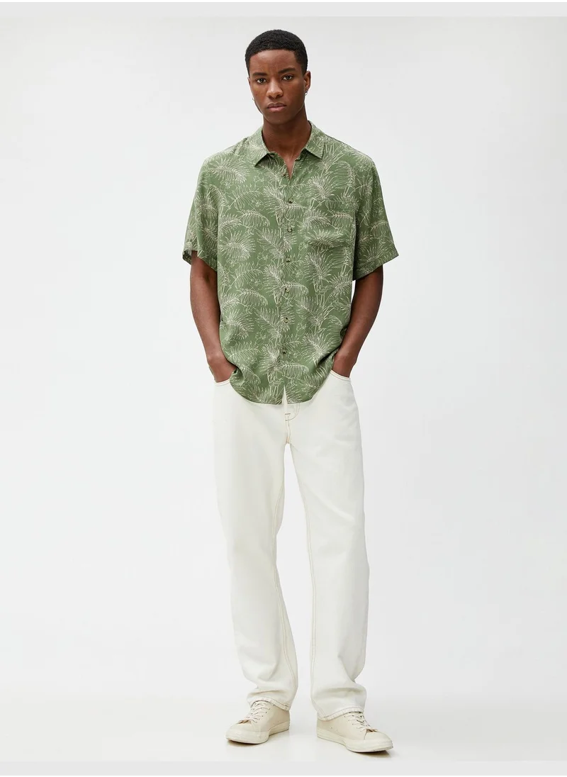 KOTON Short Sleeve Shirt Botanical Printed Pocket Detailed Classic Neck