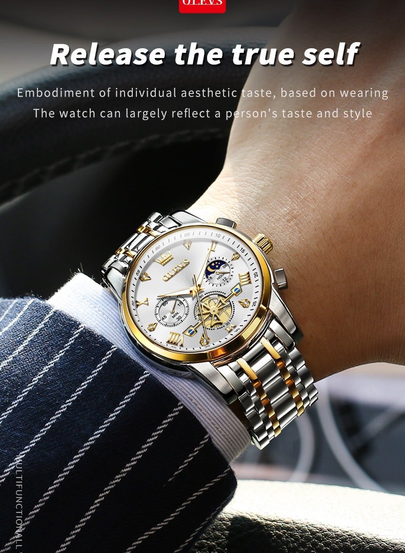 OLEVS Watches for Men Fashion Stainless Steel Quartz Chronograph Water Resistant Watch 42mm 2856 Business Gold White Quartz Watches - Image 4