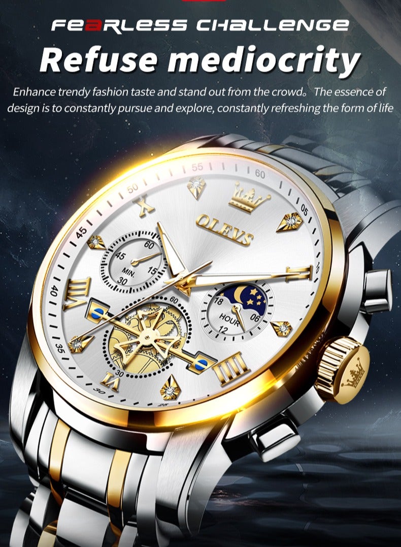 OLEVS Watches for Men Fashion Stainless Steel Quartz Chronograph Water Resistant Watch 42mm 2856 Business Gold White Quartz Watches - Image 3