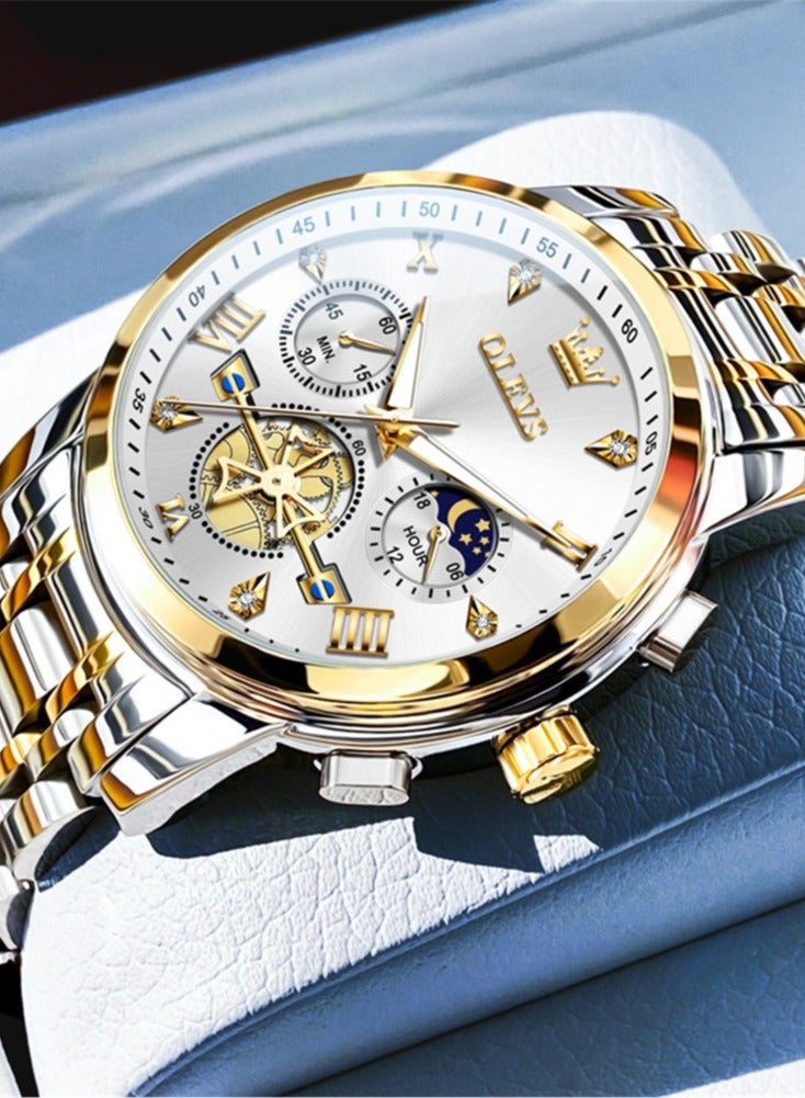 OLEVS Watches for Men Fashion Stainless Steel Quartz Chronograph Water Resistant Watch 42mm 2856 Business Gold White Quartz Watches - Image 2