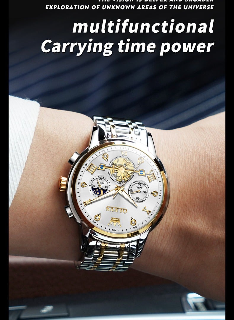 OLEVS Watches for Men Fashion Stainless Steel Quartz Chronograph Water Resistant Watch 42mm 2856 Business Gold White Quartz Watches - Image 5