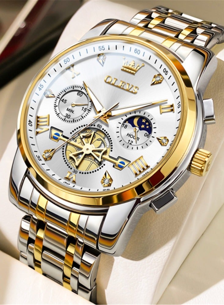 OLEVS Watches for Men Fashion Stainless Steel Quartz Chronograph Water Resistant Watch 42mm 2856 Business Gold White Quartz Watches - Image 1