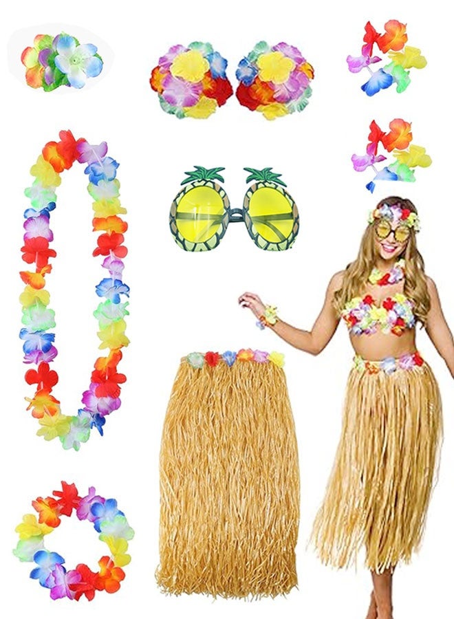 HAWAWA 8 Pcs Hawaiian Hula Grass Skirt Costume Kit with Flower Bikini Top, Hawaiian Lei for Women Luau Party Decors Dancing Hula  - Image 1