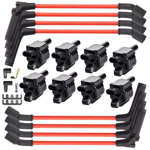 MAS Set of 8 UF413 Ignition Coil with 8.5mm Spark Plug Wires Compatible with Cadillac Chevy GMC Canyon Tahoe LaCrosse Escalade Express Savana Silverado SSR Yukon CTS 4.8L 5.3L 6.0L 6.2L - Image 1
