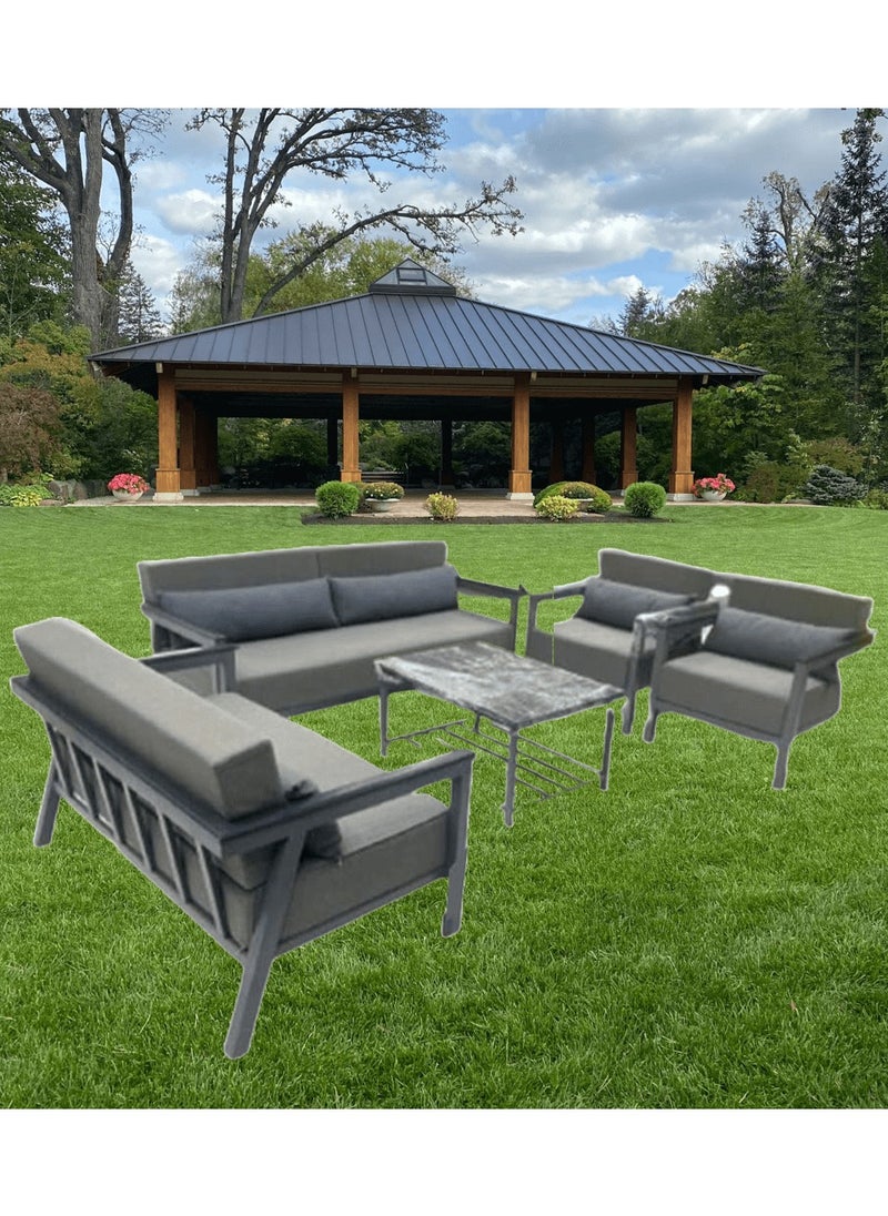 Generic - Mardod Saudi Outdoor Set of Iron and Natural European Wood Consisting of a Three-Seater Sofa + a Two-Seater Sofa + 2 Chairs + a Coffee Table in the Middle - Color: White Iron / Gray Fabric - Model: MS_SET_MTL_00020 - Image 1
