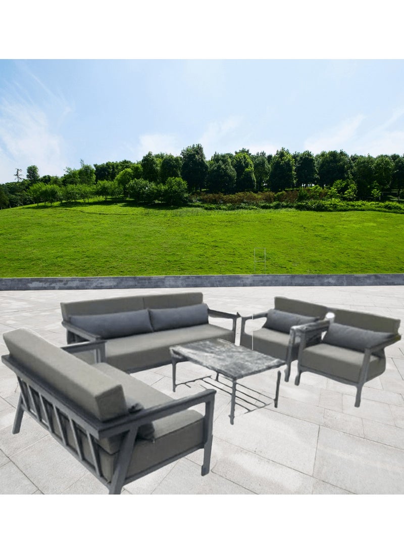 Generic - Mardod Saudi Outdoor Set of Iron and Natural European Wood Consisting of a Three-Seater Sofa + a Two-Seater Sofa + 2 Chairs + a Coffee Table in the Middle - Color: White Iron / Gray Fabric - Model: MS_SET_MTL_00020 - Image 1