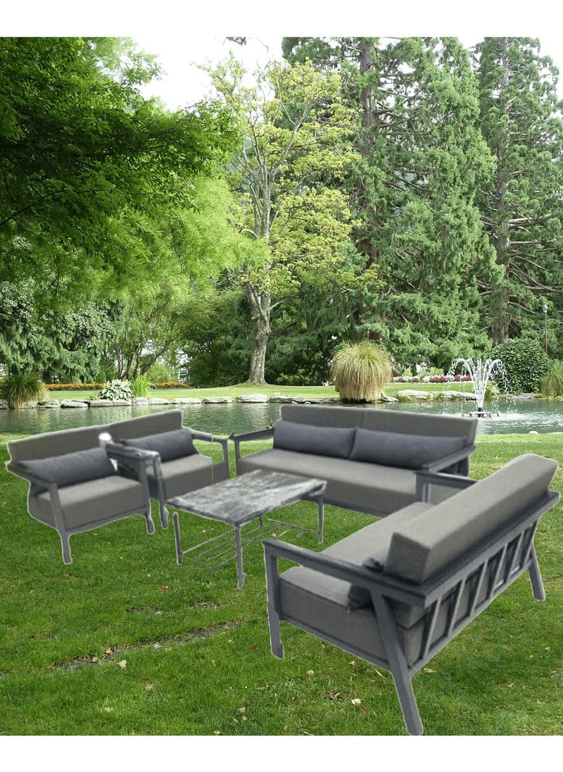 Generic - Mardod Saudi Outdoor Set of Iron and Natural European Wood Consisting of a Three-Seater Sofa + a Two-Seater Sofa + 2 Chairs + a Coffee Table in the Middle - Color: White Iron / Gray Fabric - Model: MS_SET_MTL_00020 - Image 1