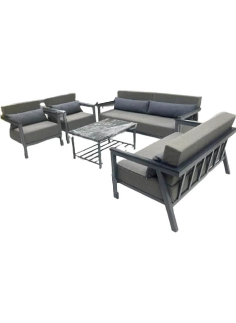 Generic - Mardod Saudi Outdoor Set of Iron and Natural European Wood Consisting of a Three-Seater Sofa + a Two-Seater Sofa + 2 Chairs + a Coffee Table in the Middle - Color: White Iron / Gray Fabric - Model: MS_SET_MTL_00020 - Image 1