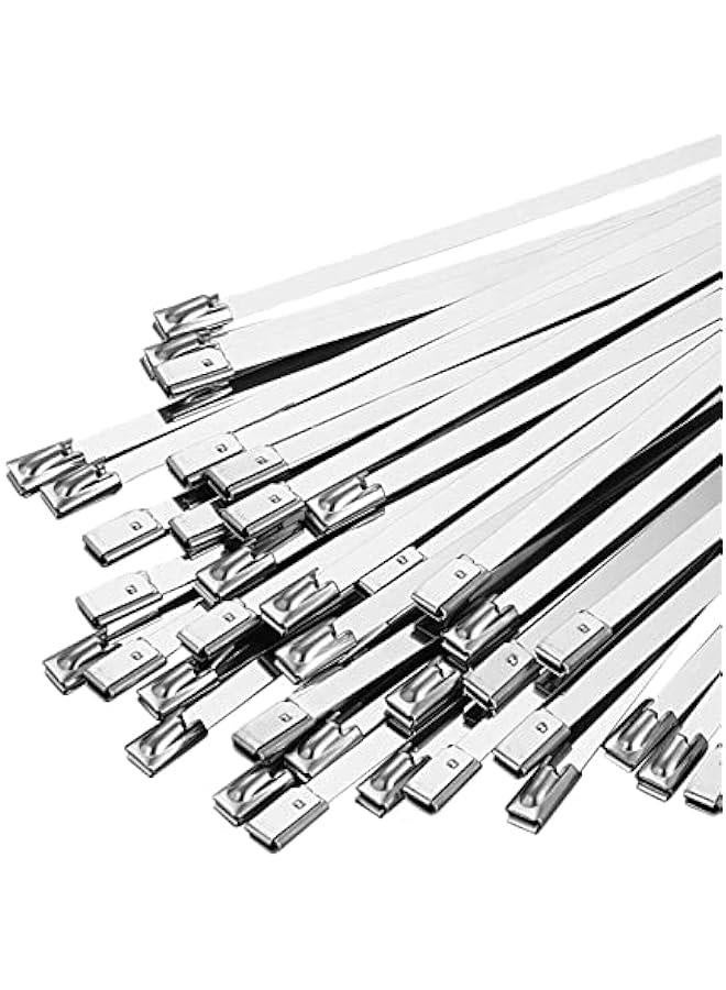100PCS 11.8 Inch Metal Cable Zip Ties Heavy Duty, Premium Stainless Steel Cable Zip Ties with 198LBS Tensile Strength, Self-Locking Steel Exhaust Wrap Wire Ties for Indoor and Outdoor  - Image 1